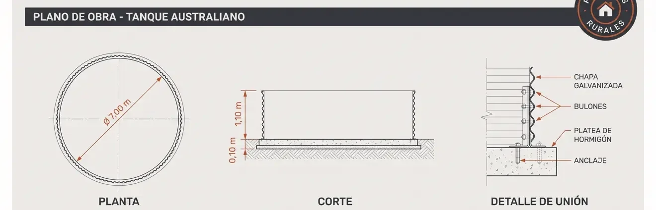 Plano con medidas: planta, corte y detalle